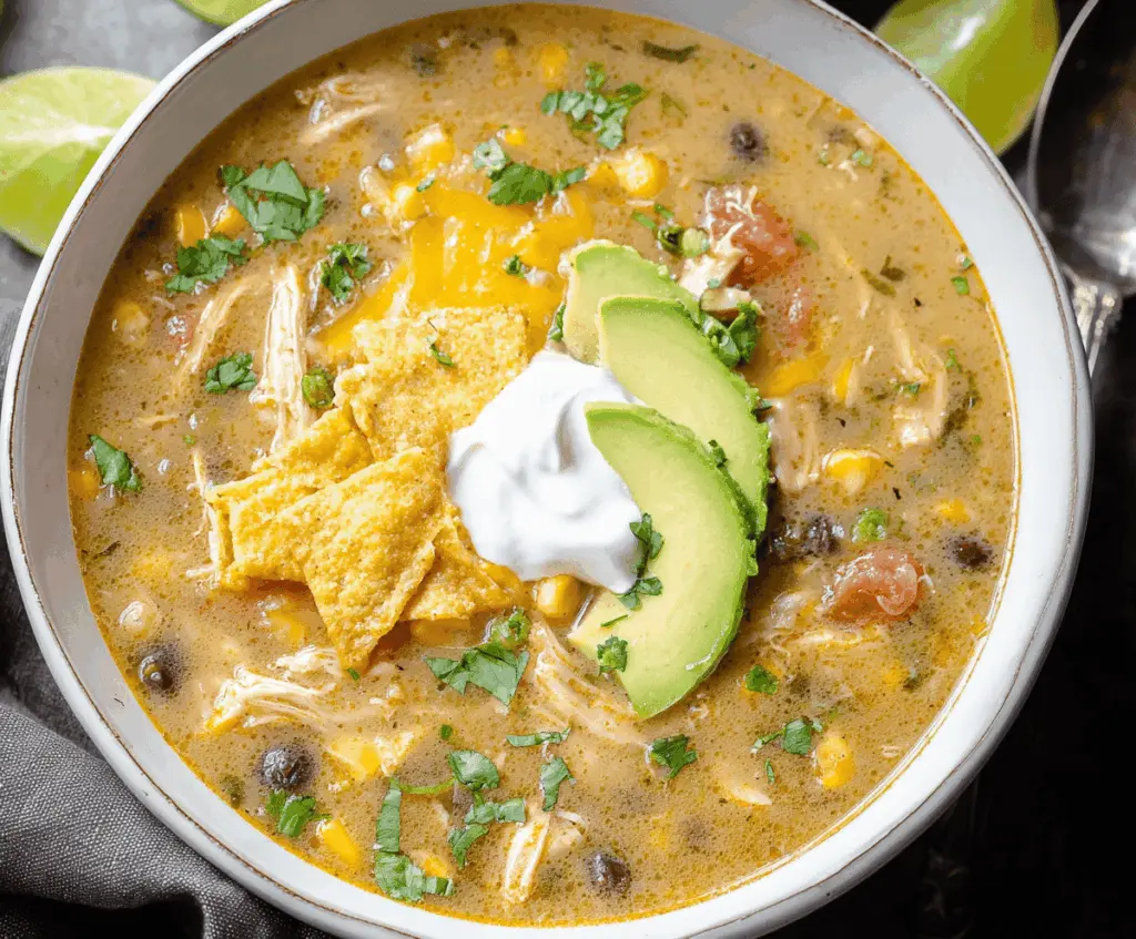 Creamy green enchilada chicken soup in a bowl garnished with fresh cilantro and shredded cheese, served with lime wedges