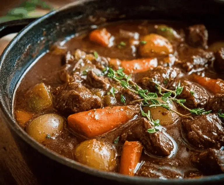 Hearty Guinness Irish Beef Stew with tender beef chunks, vegetables, and rich gravy served in a rustic bowl.