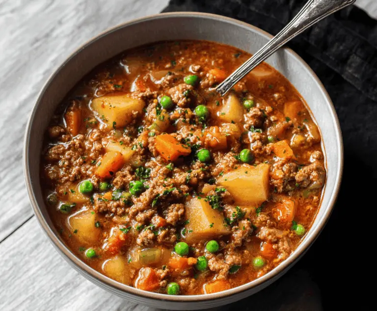 Hearty homemade Hamburger Stew in a bowl with tender ground beef, vegetables, and savory broth ready to serve