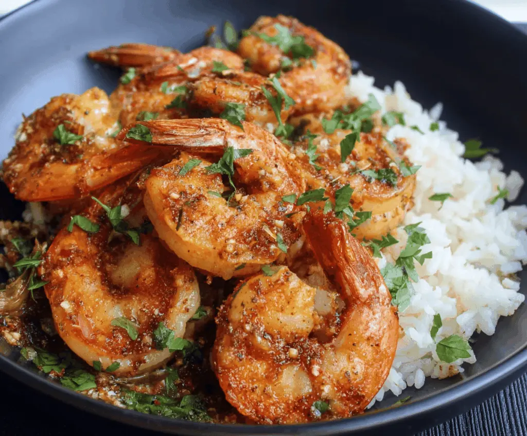 Delicious Hawaiian Garlic Shrimp served with fresh vegetables and lemon wedges on a plate, perfect for a tropical-inspired seafood meal