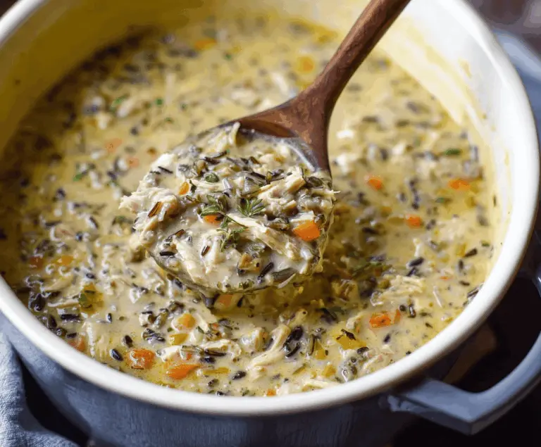 Creamy healthy chicken and wild rice soup served in a bowl with fresh herbs, perfect for a nutritious and comforting meal.