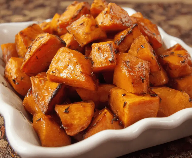 Golden honey roasted sweet potatoes with caramelized edges and a delicious glaze, served on a rustic plate.