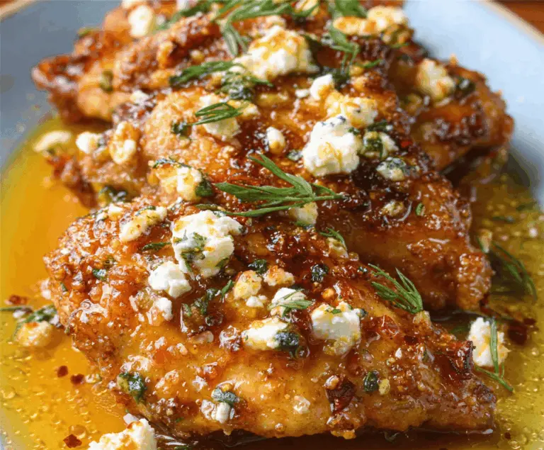 Creamy baked chicken topped with spicy hot honey and crumbled feta cheese, served with fresh herbs on a white plate.