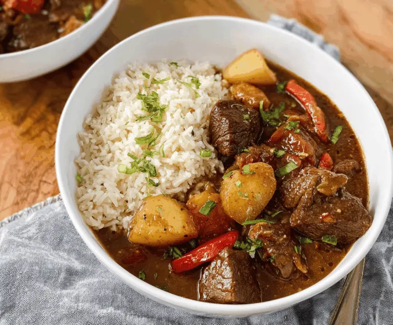A delicious plate of Jamaican beef stew served with fluffy rice, garnished with fresh herbs and colorful vegetables, showcasing bold flavors and hearty ingredients.