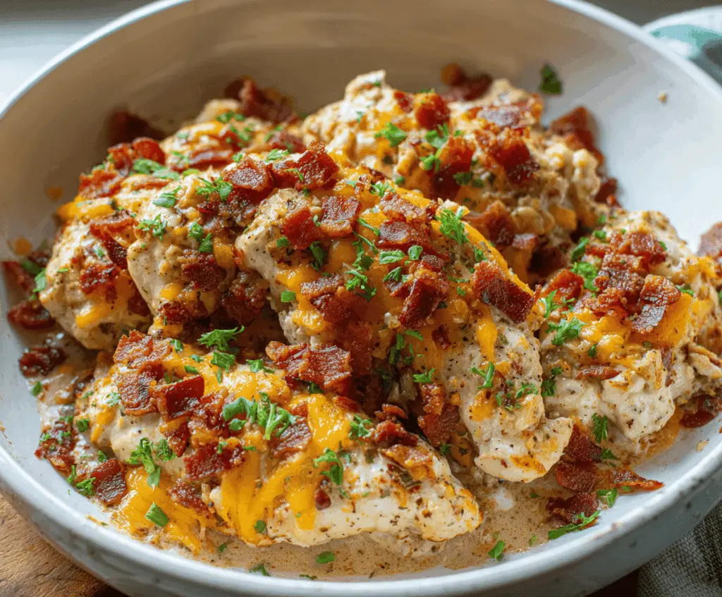 Creamy keto crack chicken with shredded chicken, melted cheese, crispy bacon, and green onions in a bowl, perfect for low-carb meals.