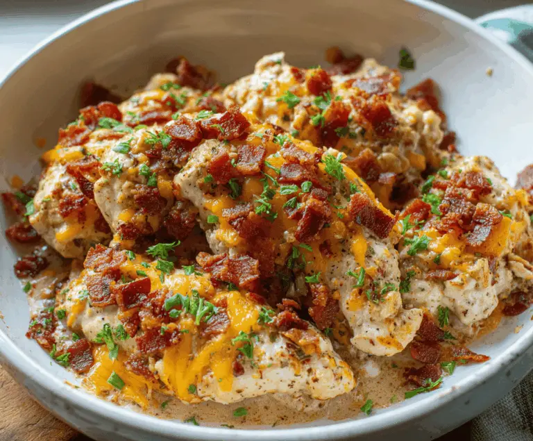 Creamy keto crack chicken with shredded chicken, melted cheese, crispy bacon, and green onions in a bowl, perfect for low-carb meals.