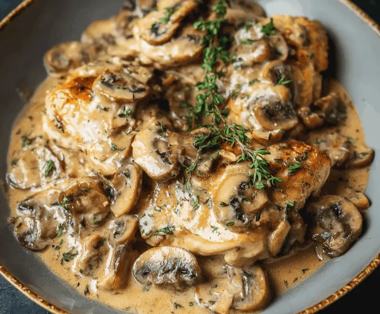 Delicious mushroom chicken dish featuring tender chicken breasts topped with sautéed mushrooms and fresh herbs, served on a white plate.