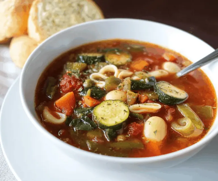 A bowl of hot Olive Garden vegetable soup filled with fresh vegetables like carrots, celery, zucchini, and spinach, garnished with herbs, served in a white ceramic bowl.