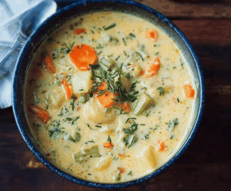 Creamy vegetable soup in a pot with fresh carrots, celery, and herbs, served hot in a bowl, perfect for a hearty, healthy meal.