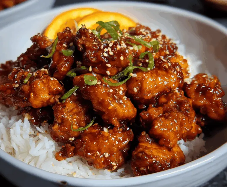 Delicious homemade orange chicken garnished with green onions and sesame seeds, served on a white plate for a flavorful Asian-inspired meal.