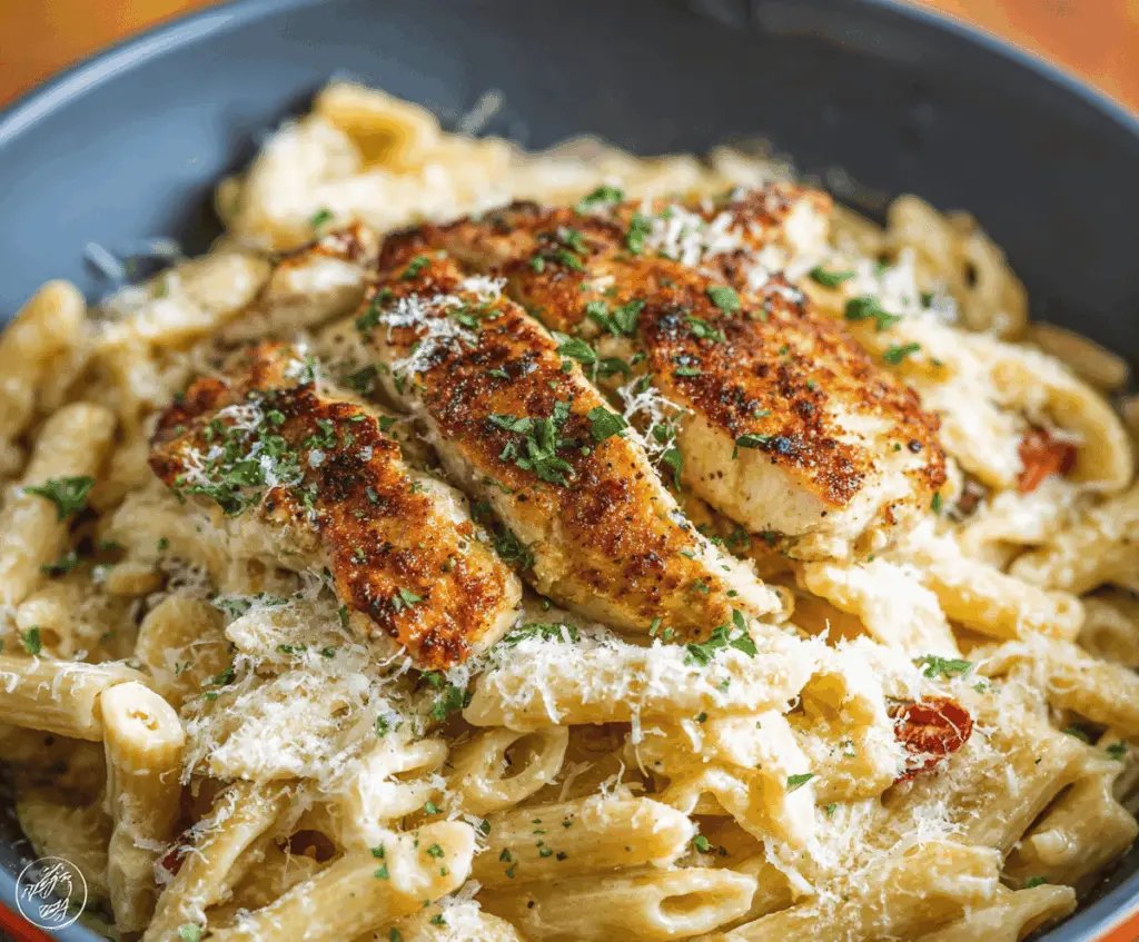 Creamy Parmesan Chicken Pasta served with tender chicken slices, al dente pasta, and freshly grated Parmesan cheese on top.