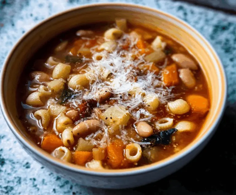 A bowl of hearty Pasta Fagioli soup featuring pasta, beans, vegetables, and herbs garnished with fresh parsley, served in a rustic bowl.