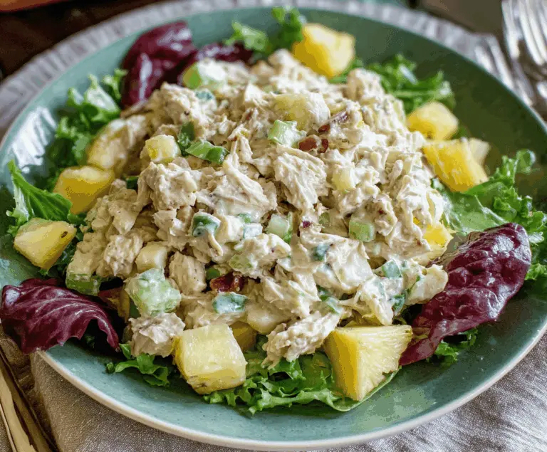 Colorful pineapple chicken salad with fresh greens, chopped pineapple, grilled chicken slices, and a tangy dressing in a bowl.