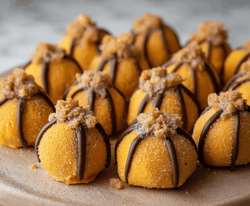 Creamy Pumpkin Cheesecake Truffles with a chocolate coating, perfect for fall desserts and festive gatherings.