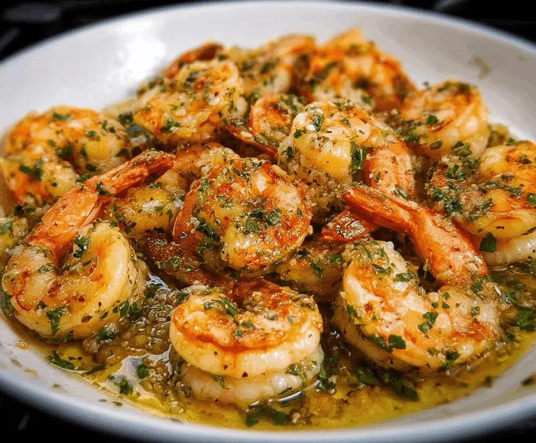 Delicious Red Lobster Shrimp Scampi served with garlic butter sauce and fresh herbs on a white plate