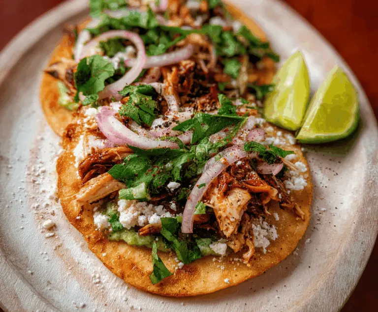 Delicious rotisserie chicken tostadas topped with fresh lettuce, diced tomatoes, shredded cheese, and sour cream on crispy tortilla shells