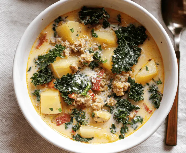 Hearty sausage, potato, and kale soup in a bowl with fresh herbs, perfect for a cozy meal.