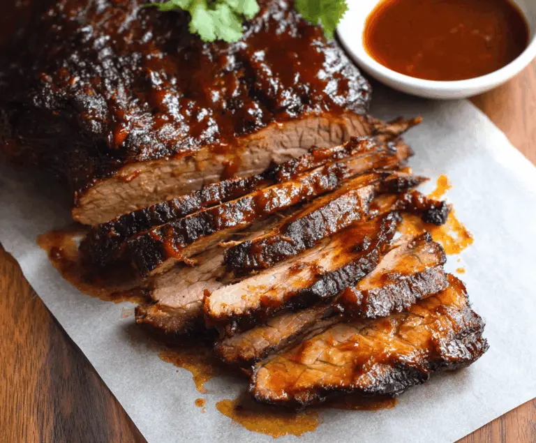 Tender and juicy Slow Cooker BBQ Beef Brisket served with BBQ sauce on a platter, perfect for easy family dinner or summer cookout