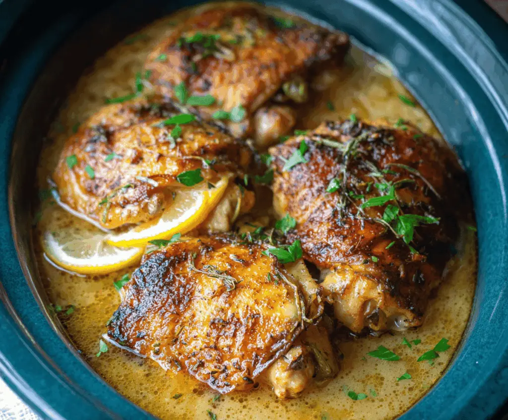 Juicy slow cooker chicken thighs cooked to perfection with golden-brown skin and savory herbs, served on a plate with fresh vegetables.