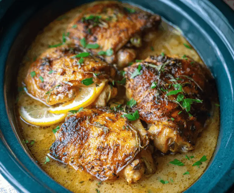Juicy slow cooker chicken thighs cooked to perfection with golden-brown skin and savory herbs, served on a plate with fresh vegetables.