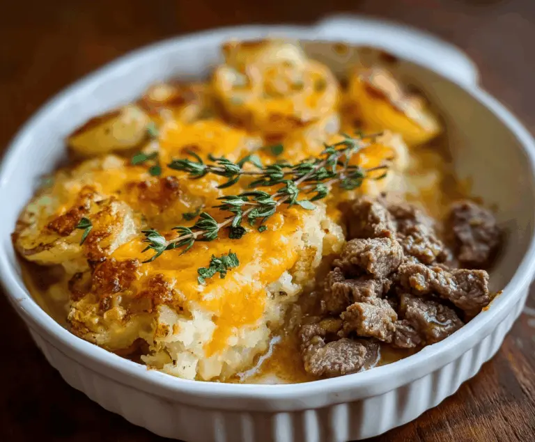 Delicious slow cooker steak and cheddar potato casserole topped with melted cheese and fresh herbs, perfect comfort food dinner.