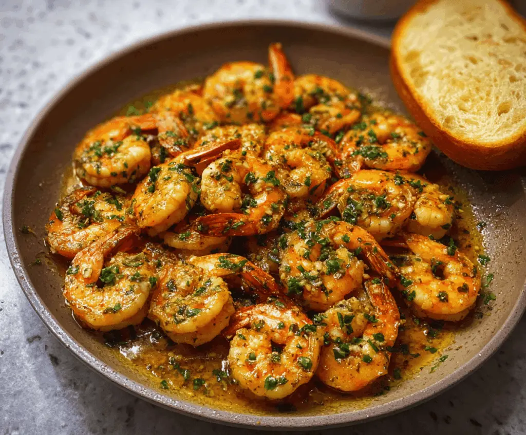 Golden sautéed Spanish garlic shrimp garnished with fresh parsley served on a rustic plate, perfect for a flavorful tapas dish.