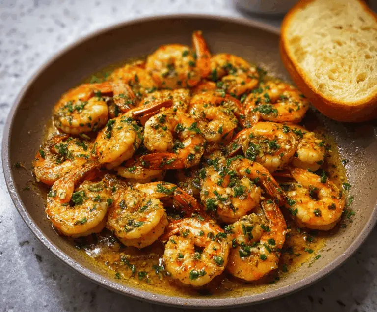 Golden sautéed Spanish garlic shrimp garnished with fresh parsley served on a rustic plate, perfect for a flavorful tapas dish.