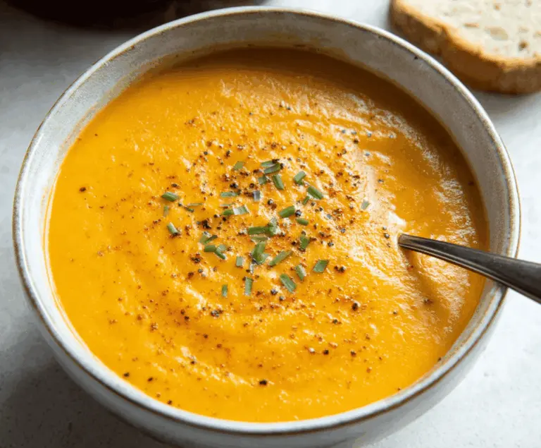 Creamy Spiced Carrot Ginger Soup garnished with fresh herbs in a rustic bowl, highlighting vibrant orange color and flavorful spices.