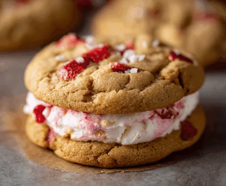 Delicious strawberry cheesecake cookie with creamy filling and fresh strawberry topping on a rustic wooden surface
