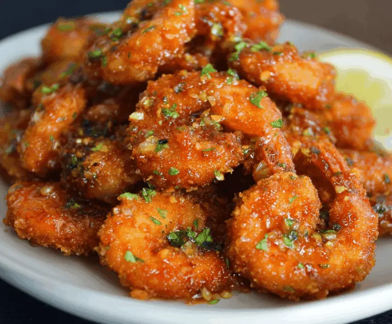Crispy fried shrimp coated in sweet and spicy hot honey glaze, garnished with fresh herbs on a white plate