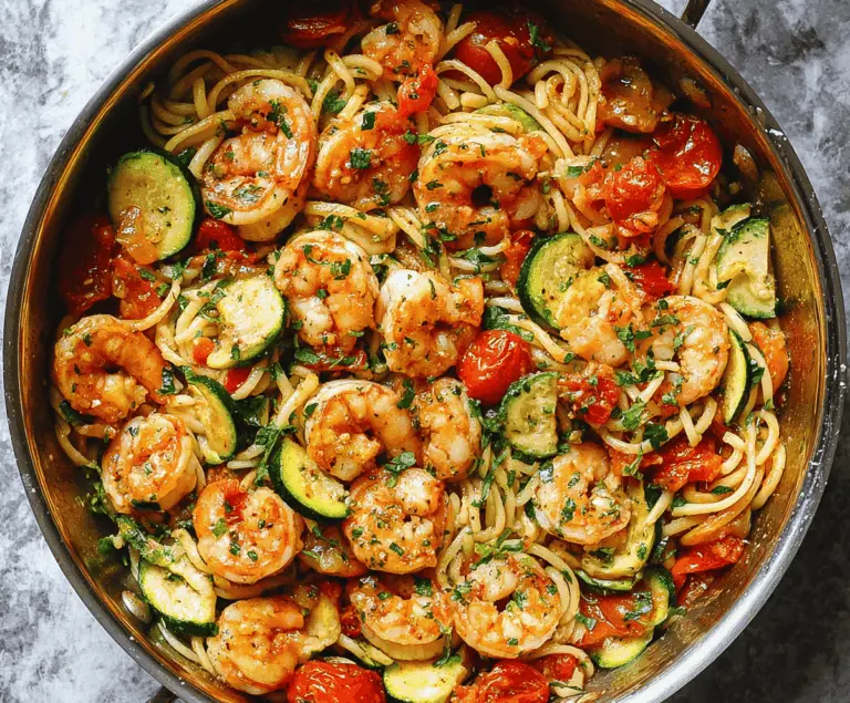 Colorful Tomato Zucchini Shrimp Pasta dish with fresh vegetables and succulent shrimp on a white plate, perfect for a healthy and delicious meal.