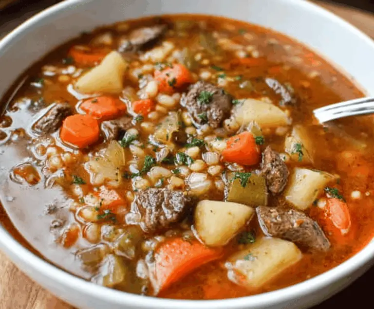 Hearty vegetable beef soup with tender beef chunks, fresh carrots, celery, potatoes, and green beans in a flavorful broth.