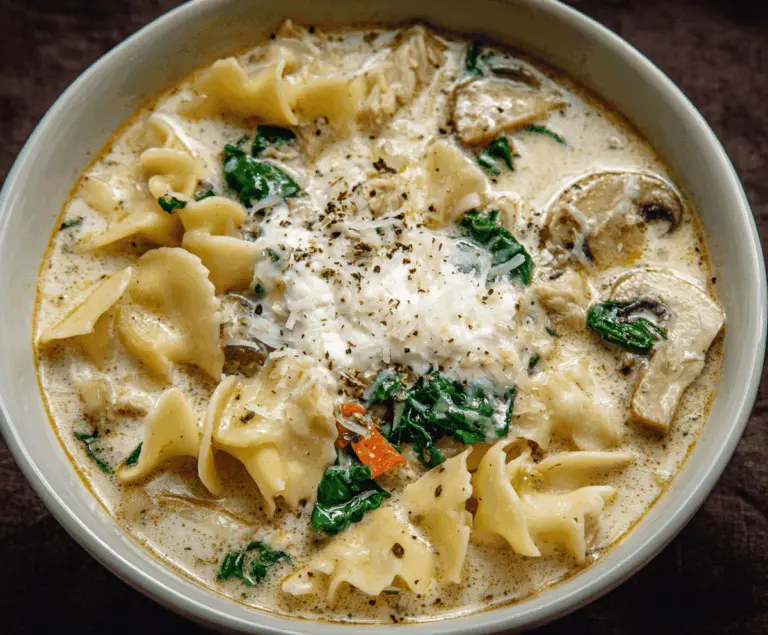Creamy white lasagna soup with layers of melted cheese, spinach, and Italian herbs served in a bowl.