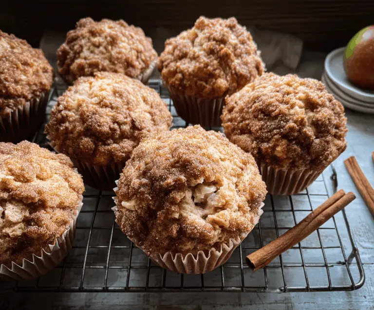 Delicious homemade apple cinnamon muffins with a golden brown top and fresh apple slices, perfect for breakfast or snack time.
