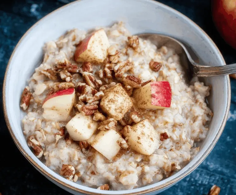 Creamy apple cinnamon oatmeal porridge topped with fresh apple slices and a sprinkle of cinnamon for a hearty, healthy breakfast.