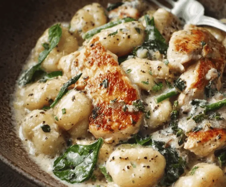 Creamy Asiago Chicken Gnocchi dish featuring tender chicken, fluffy gnocchi, and melted Asiago cheese garnished with fresh herbs.