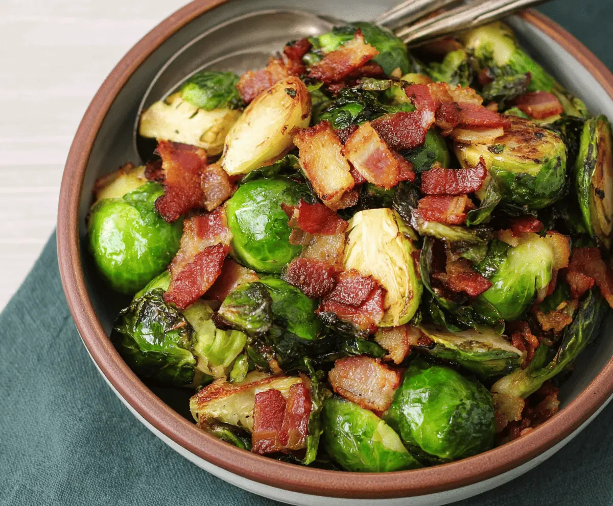 Crispy bacon-wrapped Brussels sprouts roasted to perfection, served as a savory appetizer or side dish.