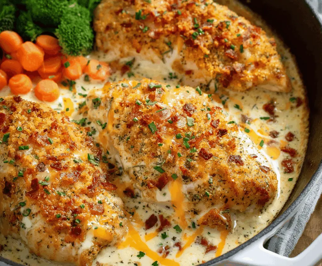 Delicious baked ranch chicken breast served with fresh herbs and vegetables on a white plate, perfect for a flavorful, easy dinner.