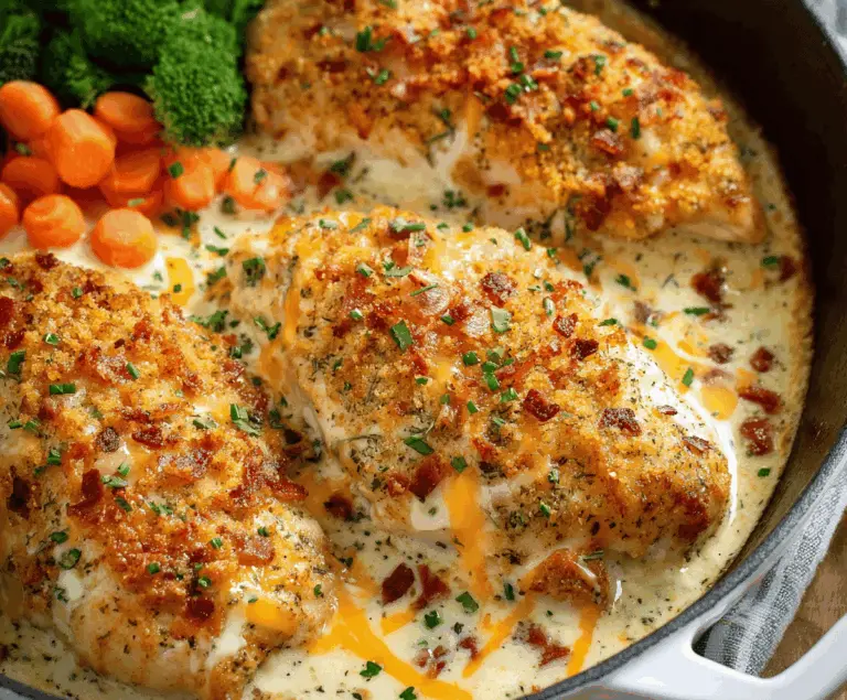 Delicious baked ranch chicken breast served with fresh herbs and vegetables on a white plate, perfect for a flavorful, easy dinner.