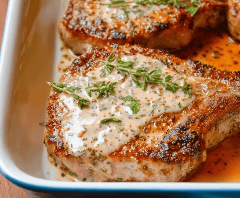 Delicious baked ranch pork chops served with fresh vegetables on a plate, perfect for a flavorful dinner