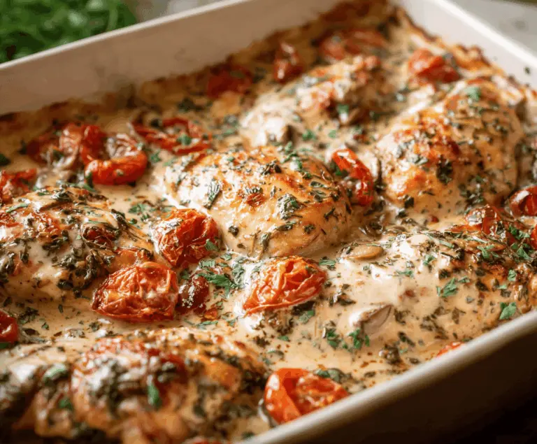 Creamy baked Tuscan chicken casserole topped with golden cheese and fresh herbs, served in a rustic baking dish
