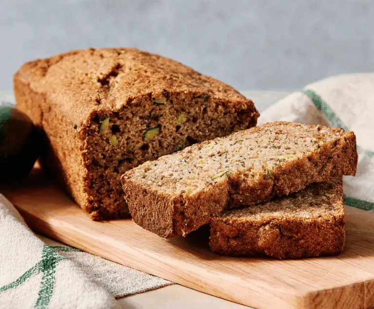 Delicious bakery-style zucchini bread with golden crust and moist, flavorful interior, topped with fresh zucchini slices