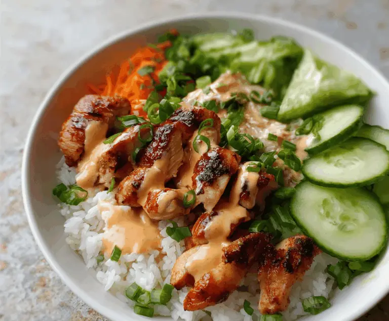 Delicious Bang Bang Chicken Bowl featuring crispy chicken, vibrant vegetables, and spicy mayo sauce served in a bowl