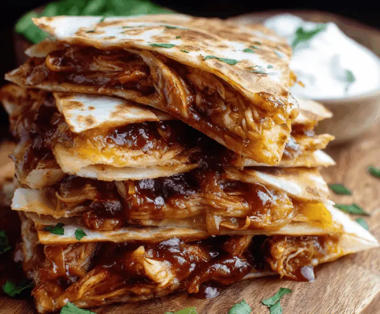 Delicious BBQ chicken quesadilla filled with melted cheese, grilled chicken, and smoky barbecue sauce, served hot and crispy