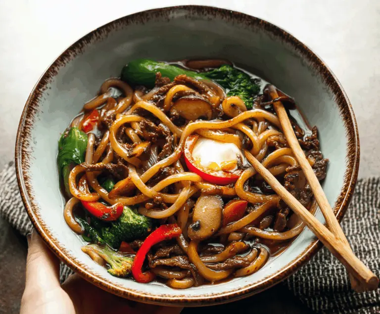 Delicious beef black pepper udon noodles served in a bowl with fresh vegetables and garnished with green onions