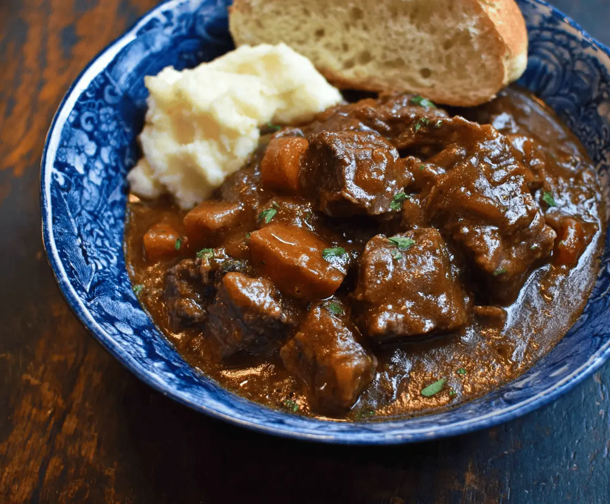 Hearty Beef Carbonnade Stew with tender beef chunks, caramelized onions, and rich gravy served in a rustic bowl.
