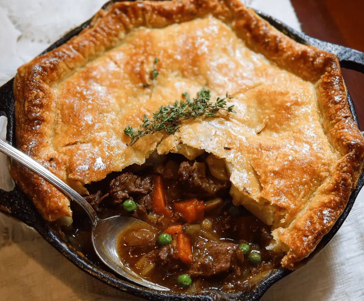 Golden baked beef pot pie with flaky crust and hearty beef and vegetable filling, served hot and ready to enjoy.