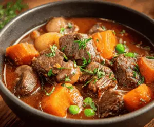 Hearty beef stew with red wine, vegetables, and herbs in a rustic bowl, perfect for comforting winter meals.