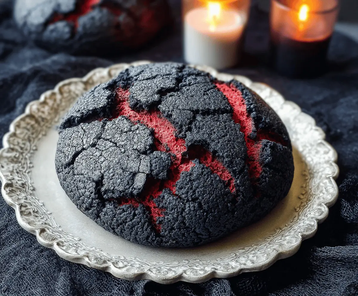 A spooky black Halloween Brimstone Bread shaped like a sinister creature with glowing eyes, perfect for Halloween parties and themed celebrations.