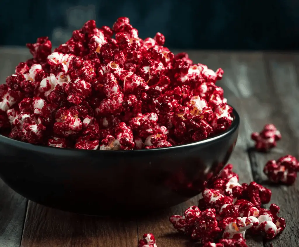 Bright red velvet popcorn topped with cream cheese drizzle, perfect for a spooky movie night snack.